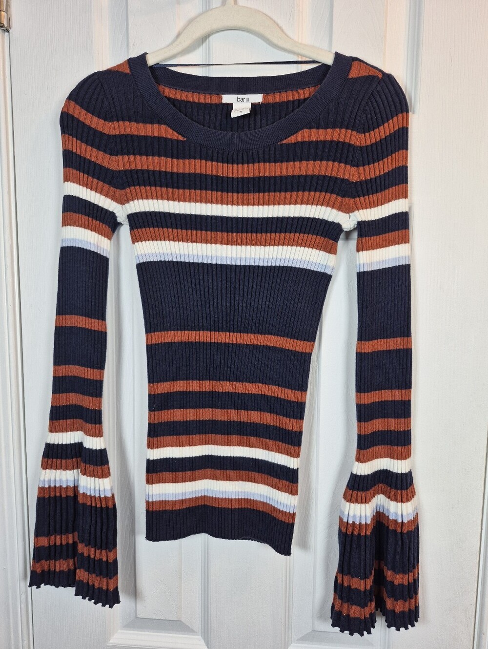 Bar III Striped Ribbed Bell Sleeve Sweater 70s Rockstar Whimsigoth Indie Sleaze